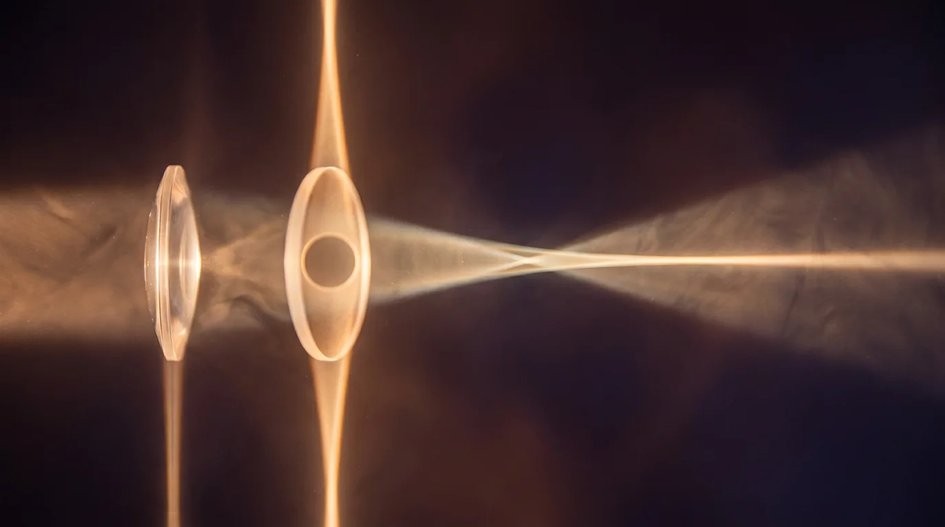 A beam of light passing through a lens, drawn out into a vertical line, then a ring, then a horizontal line
