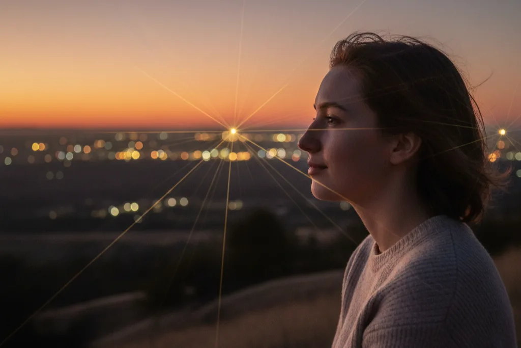 A woman at dusk looking toward distant city lights that streak into starbursts